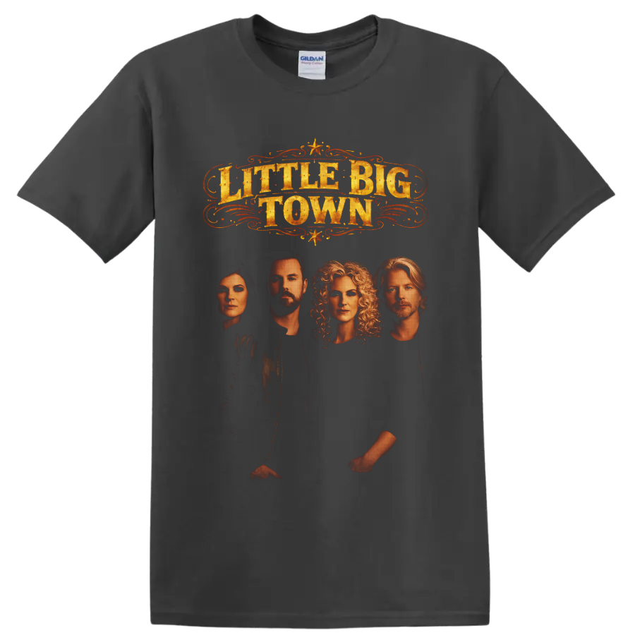 Little Big Town portraits with distressed gold western lettering, scrollwork, and stars on a Charcoal T Shirt