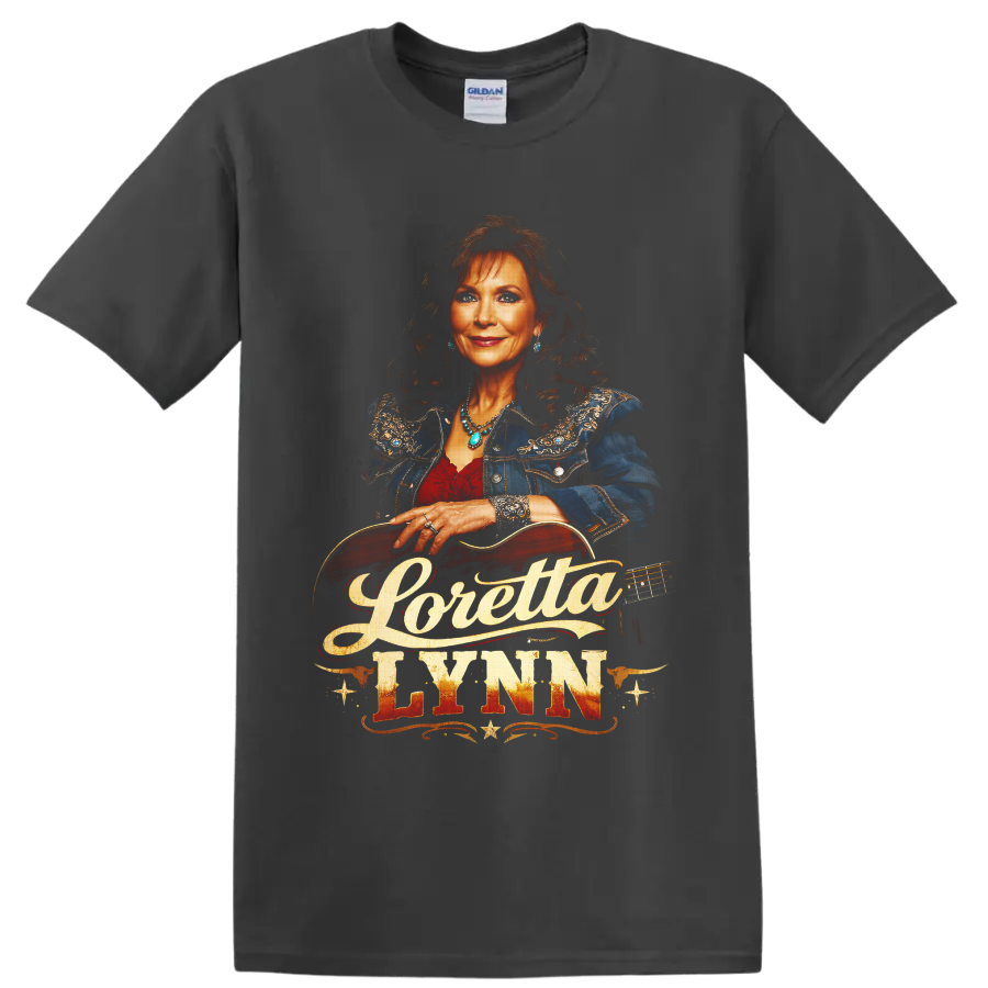 Loretta Lynn portrait with acoustic guitar and vintage Western country lettering on a Charcoal T Shirt