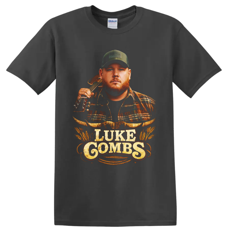 Luke Combs portrait with acoustic guitar, longhorn skull, wheat, rope, and western on a Charcoal T Shirt