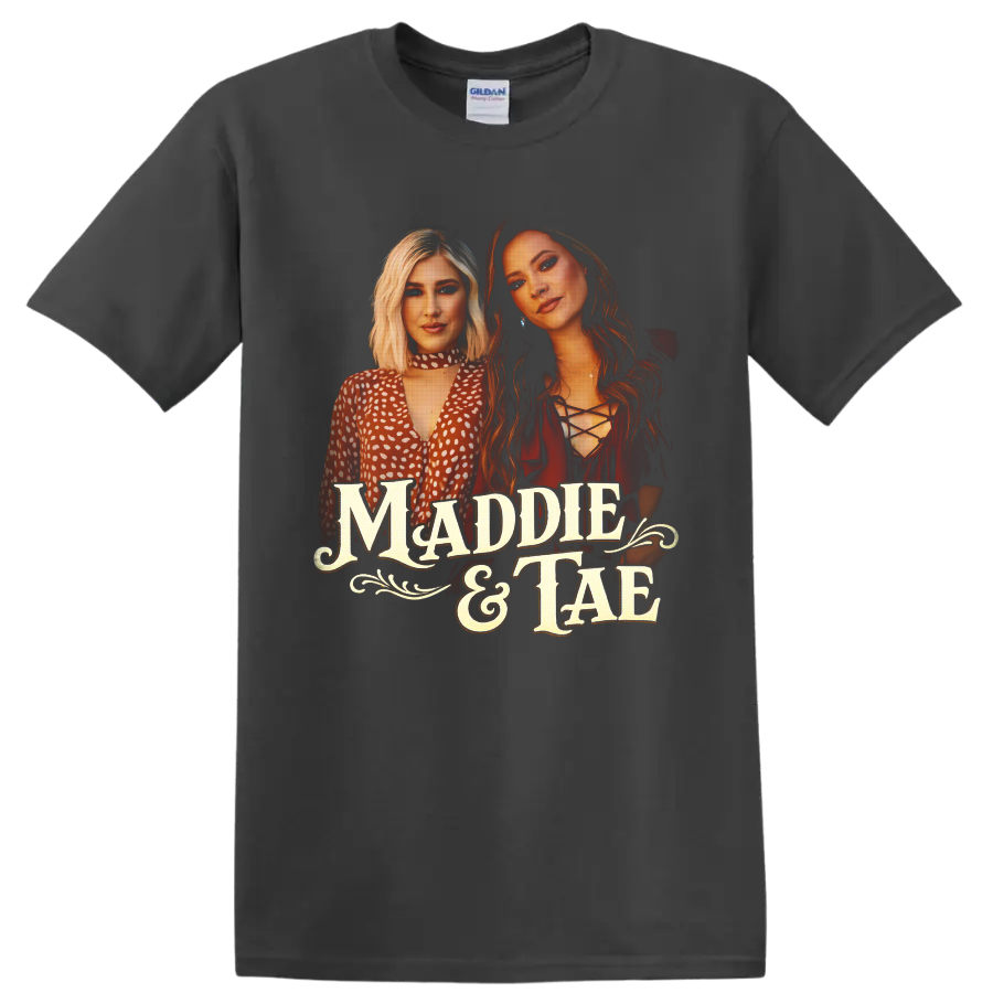 Maddie & Tae country duo portraits with vintage western lettering and flourishes on a Charcoal T Shirt