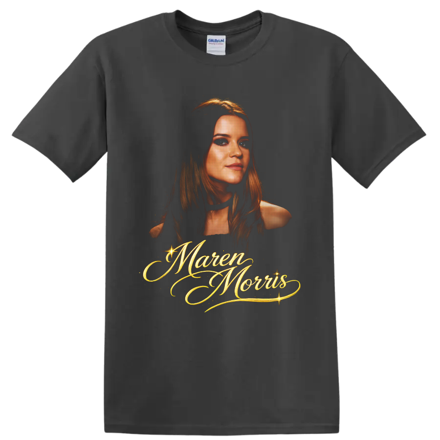 Maren Morris portrait with ornate gold script lettering and sparkling accents on a Charcoal T Shirt