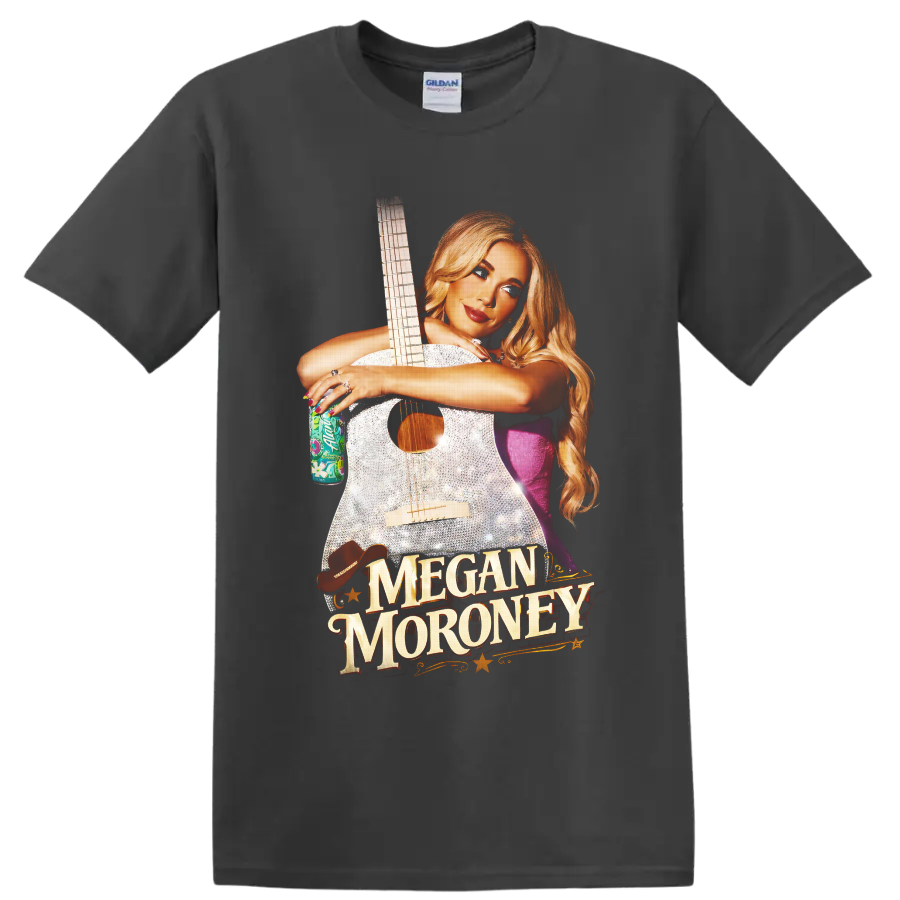 Megan Moroney with sparkling guitar, western hat, stars, and gold name lettering on a Charcoal T Shirt
