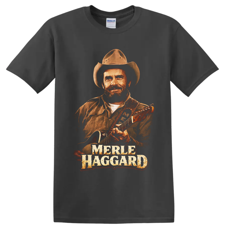 Merle Haggard cowboy hat and guitar portrait with distressed name lettering on a Charcoal T Shirt