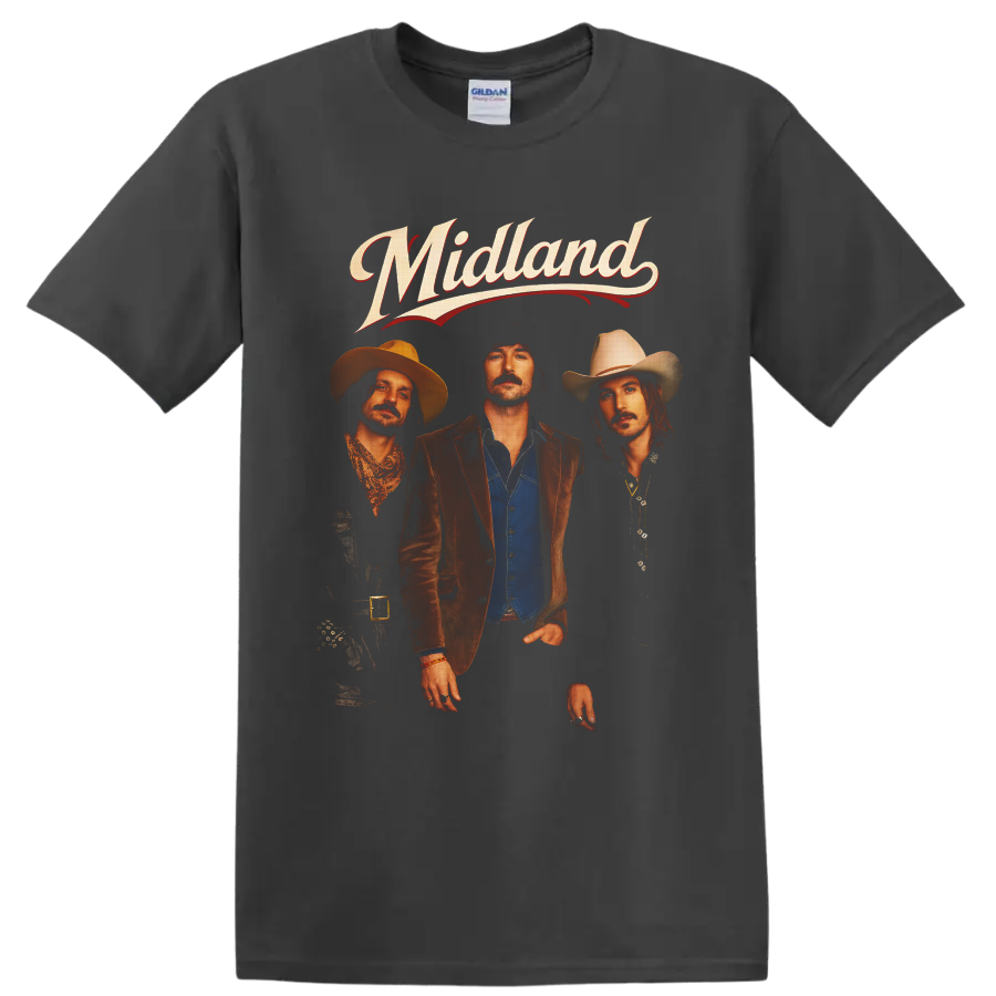 Midland band portrait with cowboy hats and retro western script lettering on a Charcoal T Shirt
