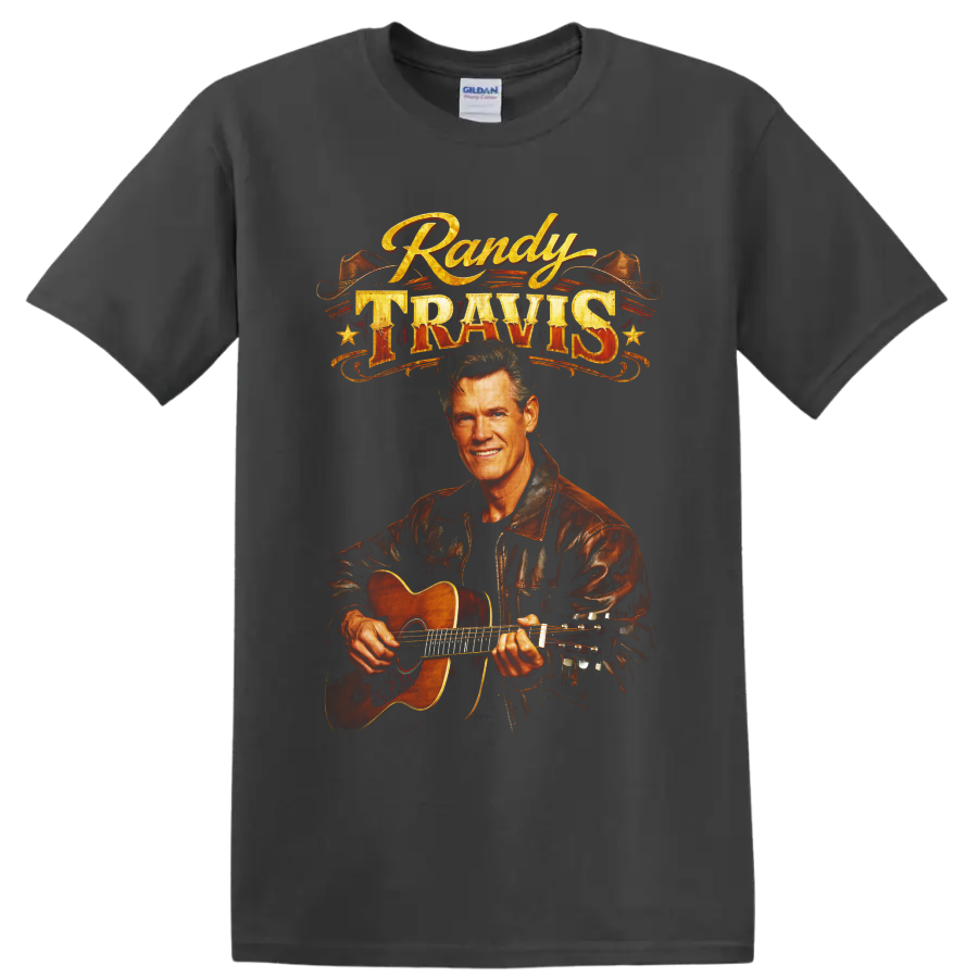 Randy Travis guitar portrait with cowboy hats and distressed western lettering on a Charcoal T Shirt