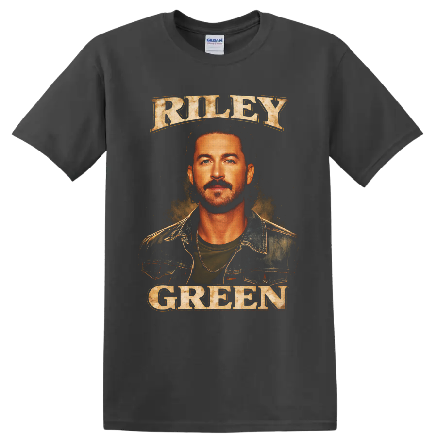 Riley Green portrait with distressed RILEY GREEN lettering in vintage country poster style on a Charcoal T Shirt