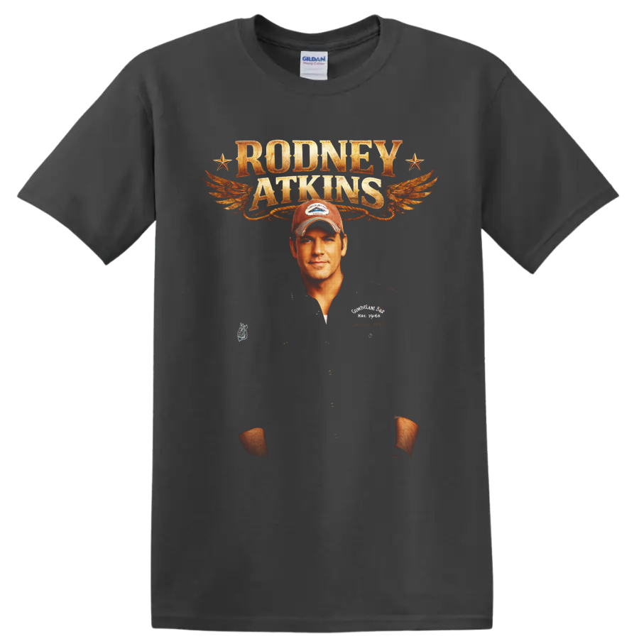 Rodney Atkins portrait with distressed lettering, orange wings, and vintage stars on a Charcoal T Shirt