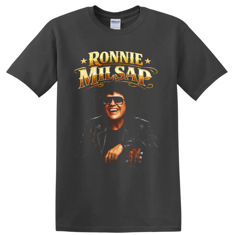 Ronnie Milsap portrait with guitar, gold vintage lettering, and stars on a Charcoal T Shirt