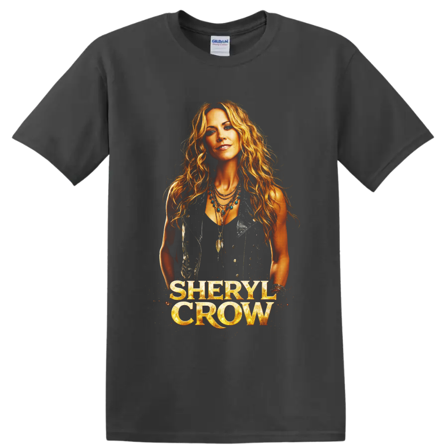 Sheryl Crow portrait with western jewelry, feather pendants, and gold name lettering on a Charcoal T Shirt