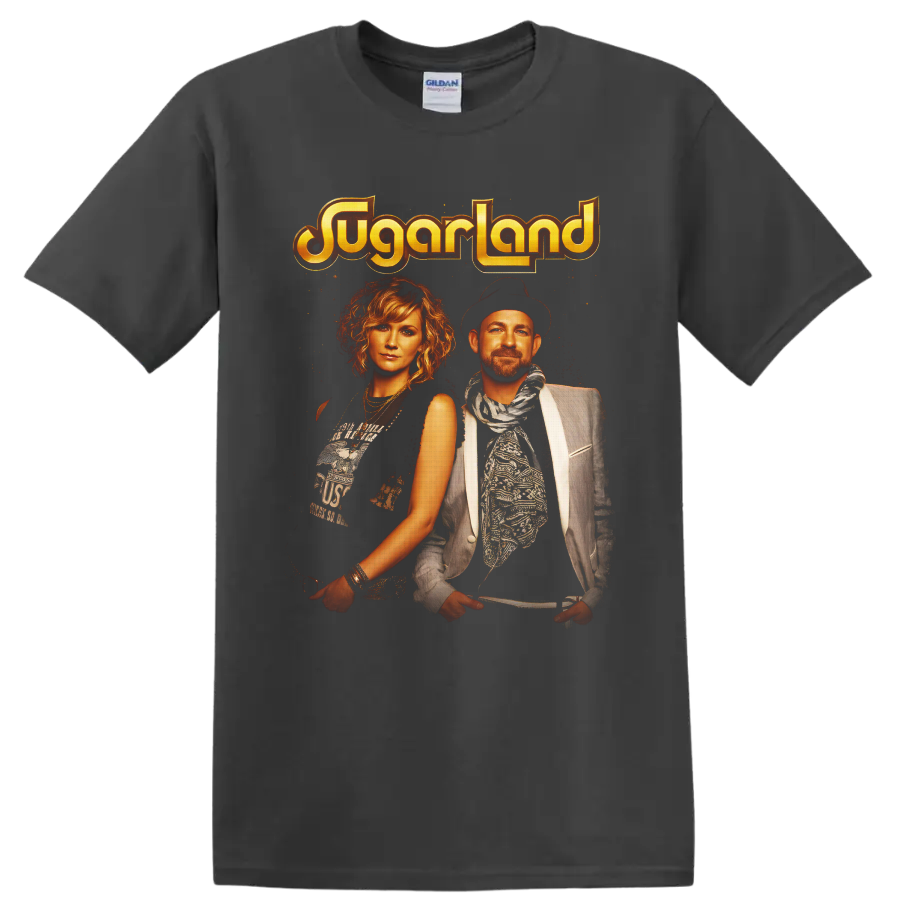 Sugarland duo portraits with distressed golden logo in vintage country concert style on a Charcoal T Shirt