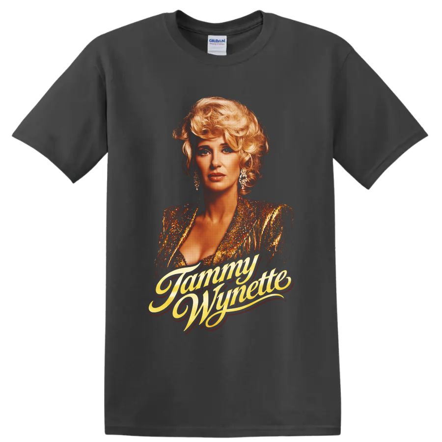 Tammy Wynette portrait in gold stage glamour with flowing name script on a Charcoal T Shirt