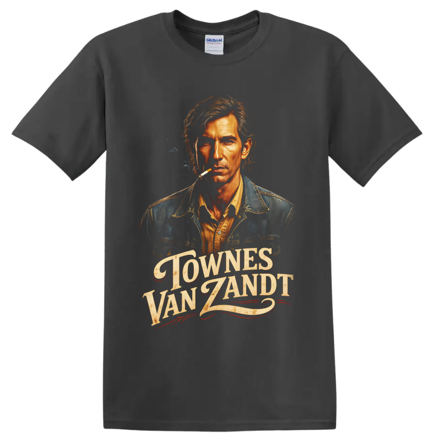 Townes Van Zandt portrait with distressed western lettering and smoky vintage folk art on a Charcoal T Shirt