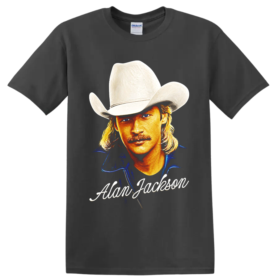 Alan Jackson painted cowboy hat portrait with signature-style lettering on a Charcoal T Shirt