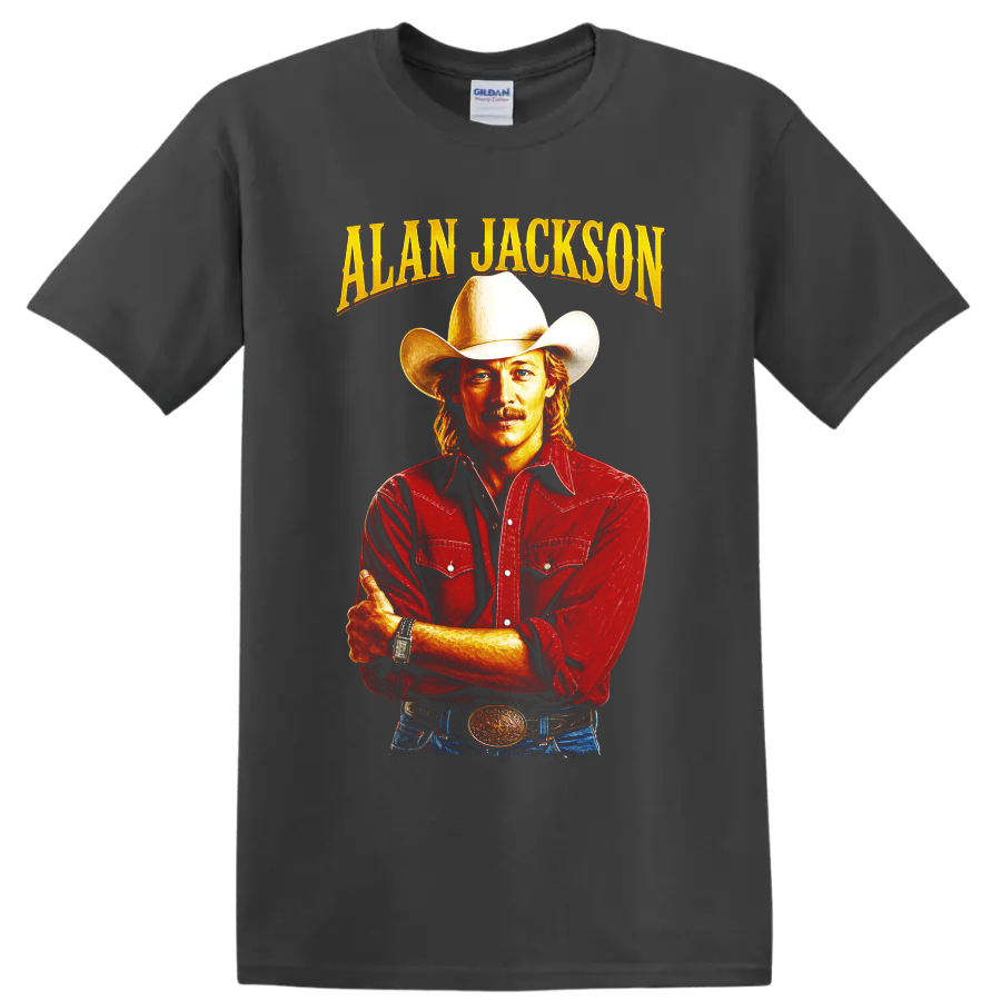 Alan Jackson cowboy hat portrait with gold lettering and red Western shirt on a Charcoal T Shirt