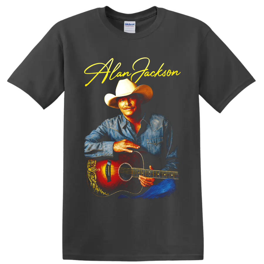 Alan Jackson painterly country portrait with cowboy hat, denim shirt, guitar and gold on a Charcoal T Shirt