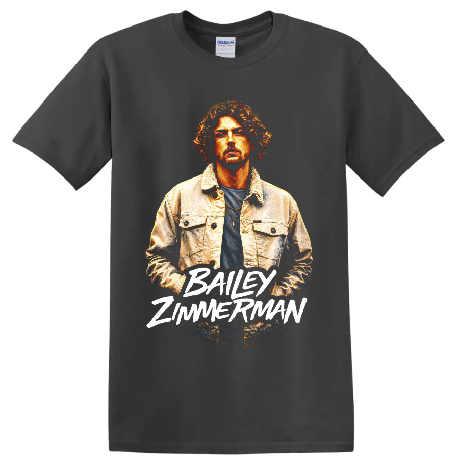 Bailey Zimmerman painted country singer portrait with bold white name lettering on a Charcoal T Shirt