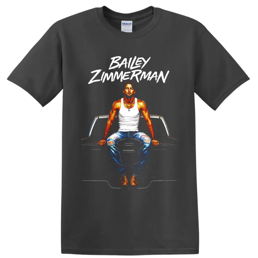 Bailey Zimmerman portrait seated on a classic car with bold white brush lettering on a Charcoal T Shirt