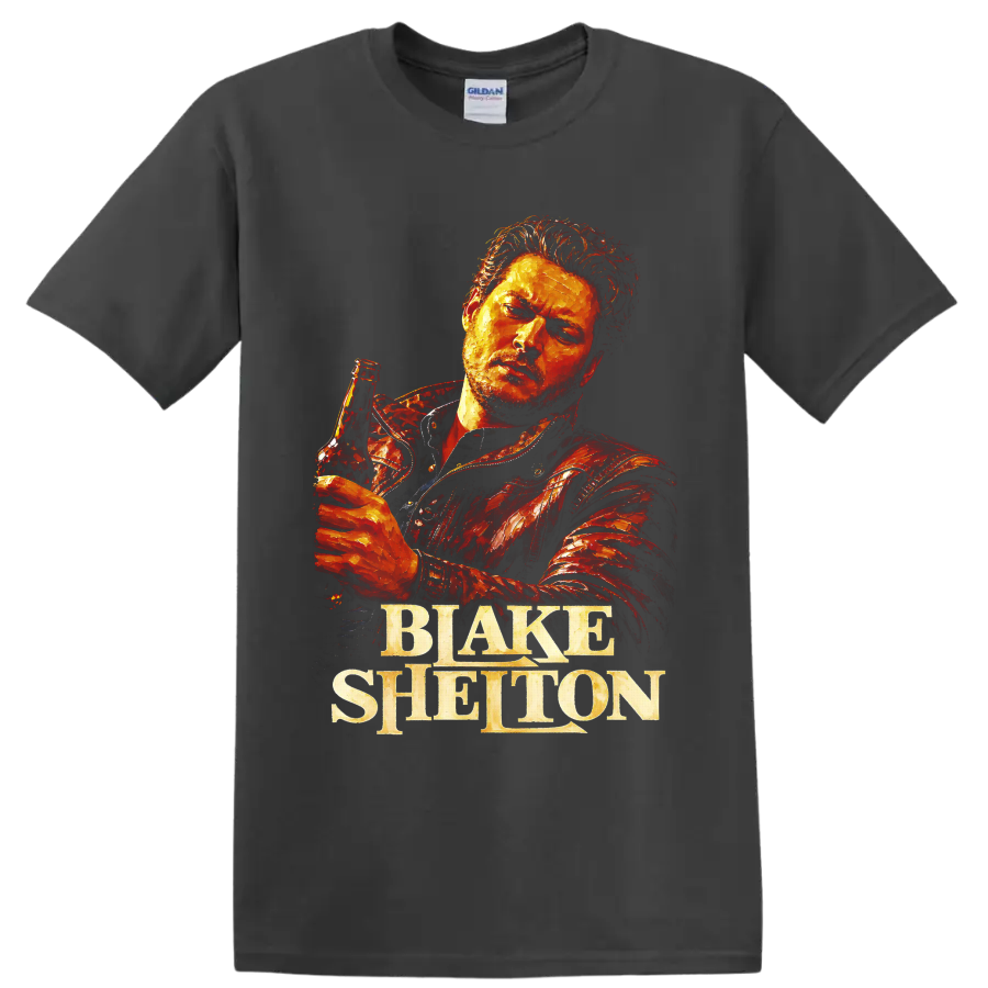 Blake Shelton holding a beer bottle in fiery textured country portrait art on a Charcoal T Shirt