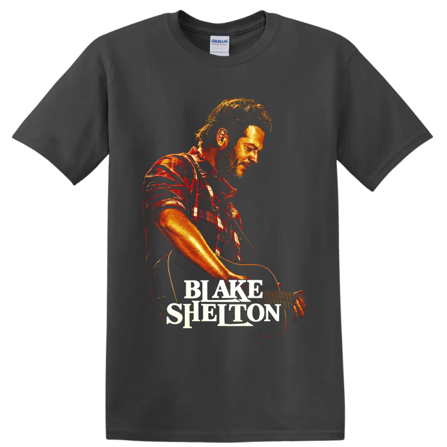 Blake Shelton guitar performance portrait in fiery concert-poster style with name on a Charcoal T Shirt