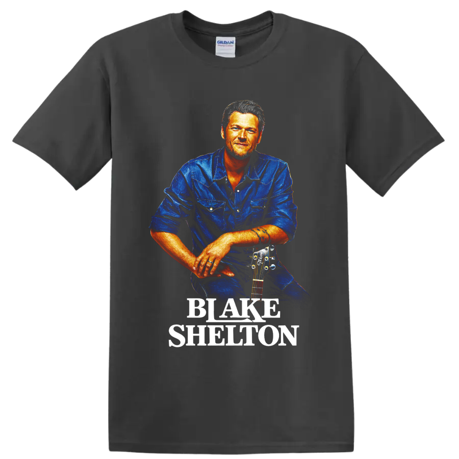 Blake Shelton painterly country singer portrait with acoustic guitar and name lettering on a Charcoal T Shirt
