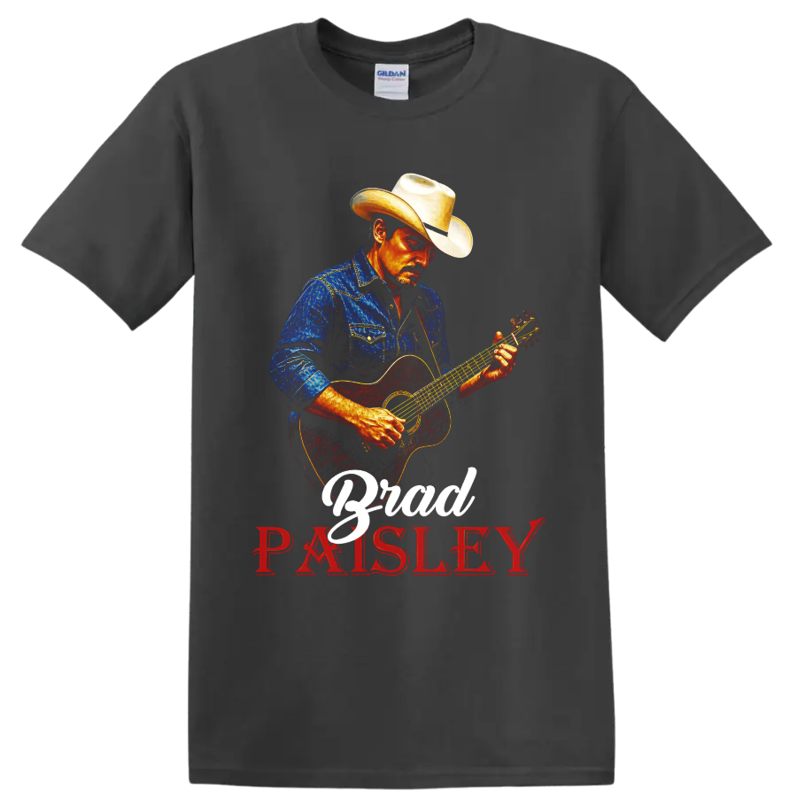 Brad Paisley cowboy-hatted guitarist in vivid western art with acoustic guitar lettering on a Charcoal T Shirt