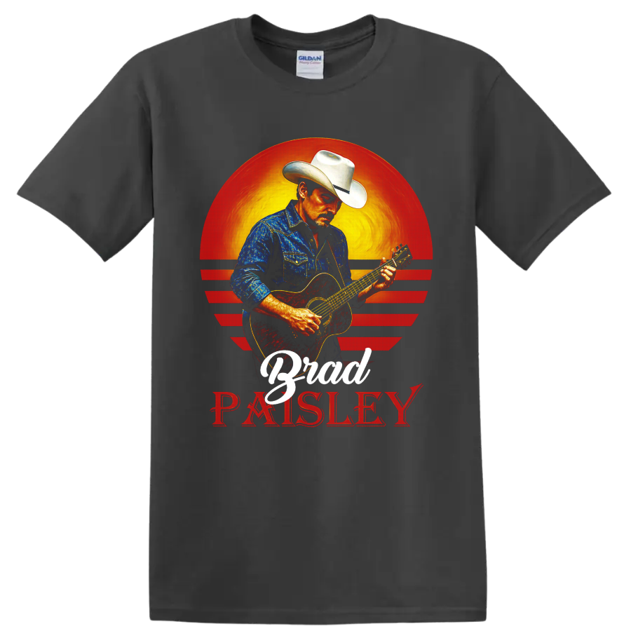 Brad Paisley playing acoustic guitar in cowboy hat before a retro western sunset on a Charcoal T Shirt