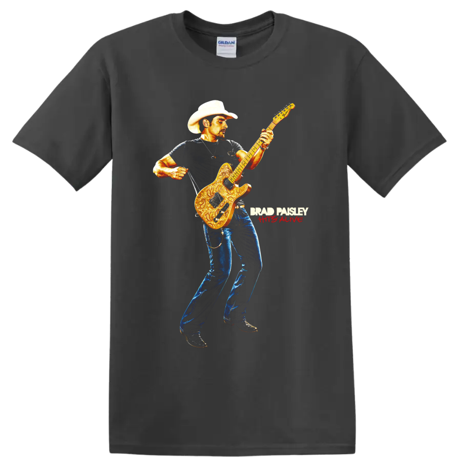 Brad Paisley cowboy-hatted guitarist with ornate golden electric guitar artwork on a Charcoal T Shirt