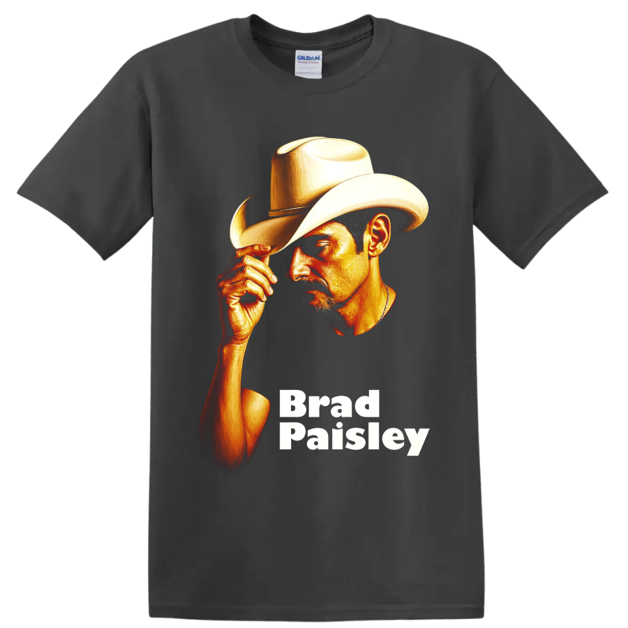 Brad Paisley painted cowboy hat portrait with warm gold highlights and name text on a Charcoal T Shirt