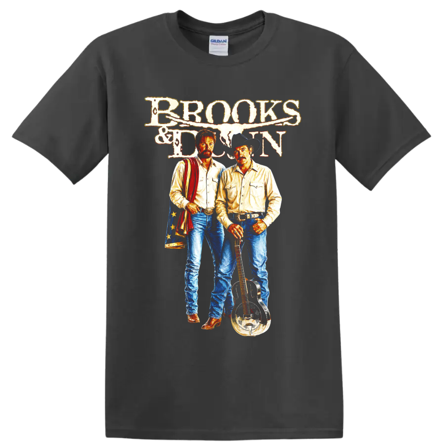 Brooks & Dunn vintage western duo art with cowboy hat, resonator guitar, and distressed on a Charcoal T Shirt