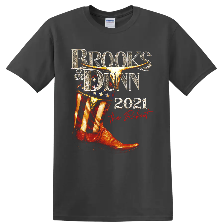 Brooks & Dunn The Reboot 2021 western cowboy boot, longhorn skull, and stars graphic on a Charcoal T Shirt