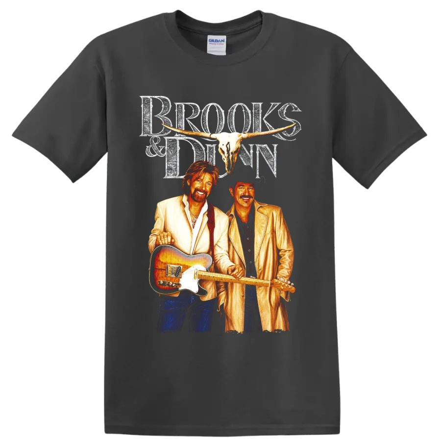 Brooks & Dunn western concert art with longhorn skull, guitar, and ornate lettering on a Charcoal T Shirt