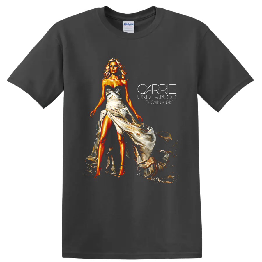 Carrie Underwood in a flowing ivory gown with glowing golden concert portrait art on a Charcoal T Shirt