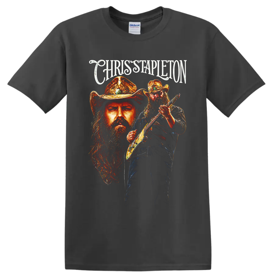 Chris Stapleton painted guitarist portrait in a western hat with ornate name lettering on a Charcoal T Shirt
