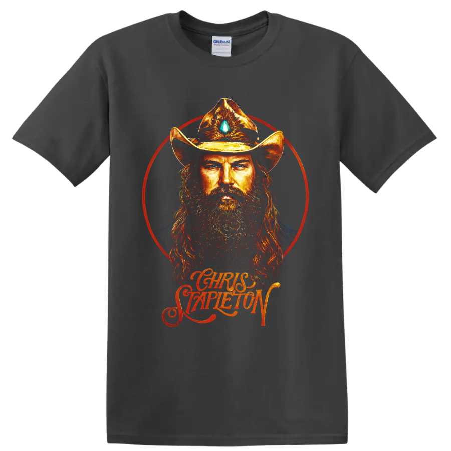 Chris Stapleton fiery cowboy hat portrait with red halo and script lettering on a Charcoal T Shirt
