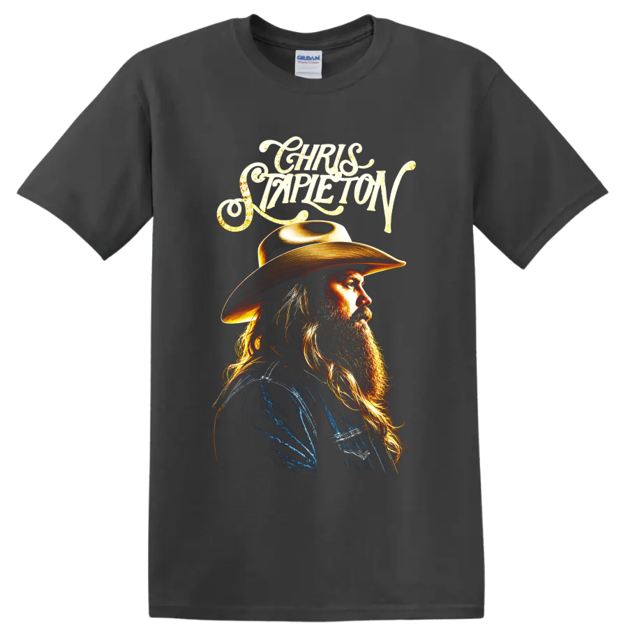 Chris Stapleton cowboy hat portrait with ornate script and golden country music artwork on a Charcoal T Shirt