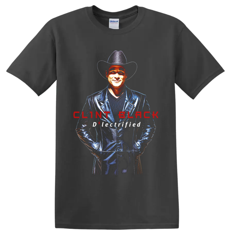 Clint Black cowboy hat portrait with red lettering and Electrified text on a Charcoal T Shirt