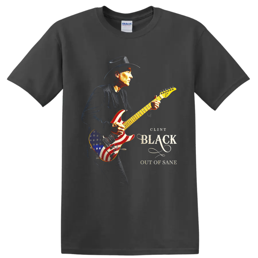Clint Black cowboy-hatted guitarist with patriotic American flag electric guitar artwork on a Charcoal T Shirt