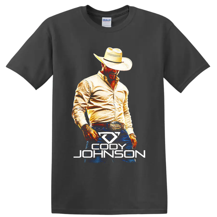 Cody Johnson painted country singer portrait in cowboy hat with Western name graphic on a Charcoal T Shirt