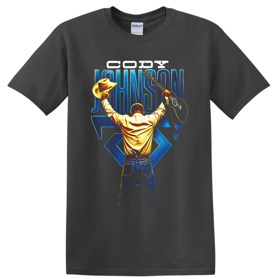 Cody Johnson cowboy performer holding hat and guitar with blue concert lettering on a Charcoal T Shirt