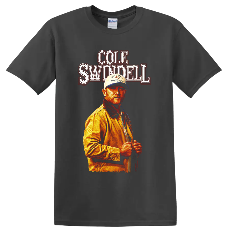 Cole Swindell portrait with vintage red name lettering and warm concert poster styling on a Charcoal T Shirt