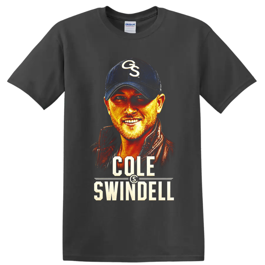 Cole Swindell country singer portrait with fiery colors and bold name lettering on a Charcoal T Shirt