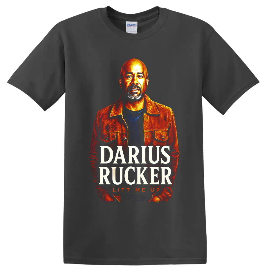 Darius Rucker painted portrait with DARIUS RUCKER and LIFT ME UP text on a Charcoal T Shirt
