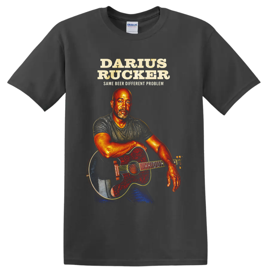 Darius Rucker illustrated guitar portrait with Same Beer Different Problem text on a Charcoal T Shirt