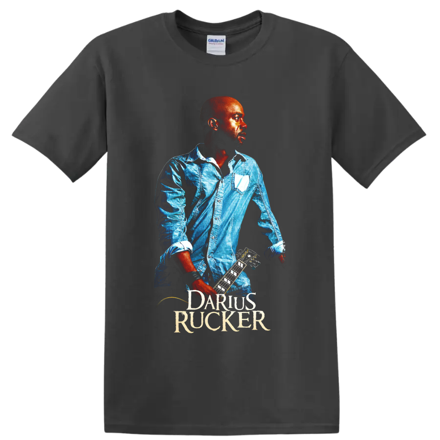 Darius Rucker guitar portrait in vivid blue and red concert-poster style on a Charcoal T Shirt