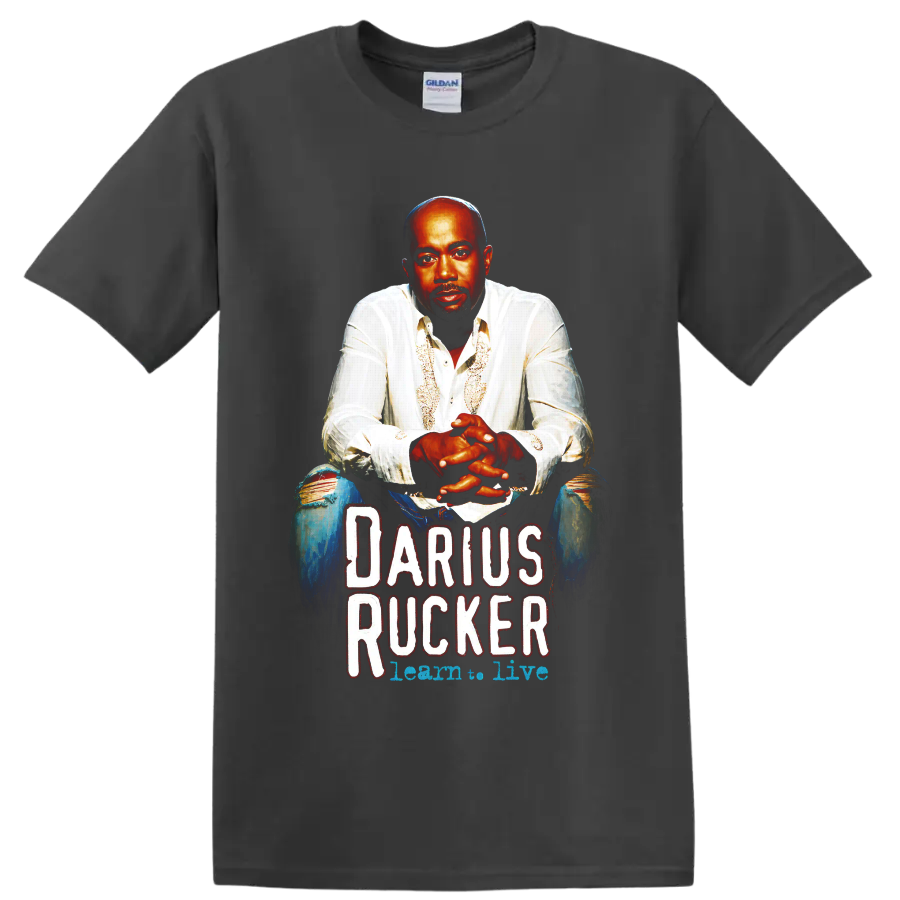 Darius Rucker painted portrait with distressed Darius Rucker concert-style lettering on a Charcoal T Shirt