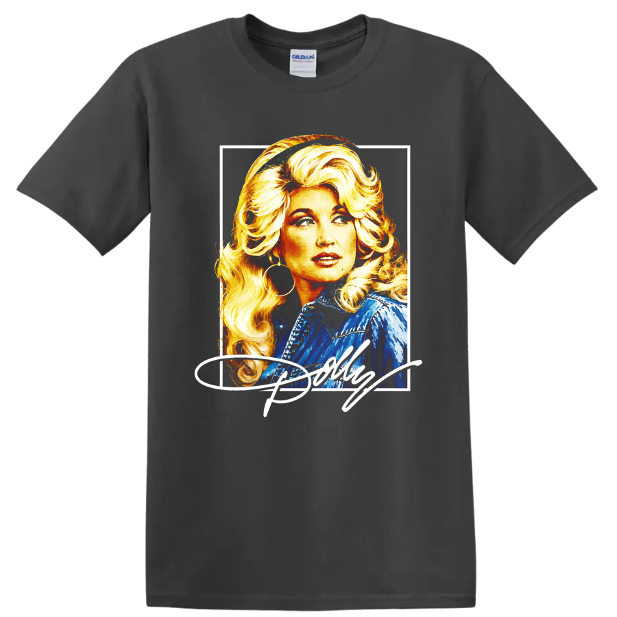 Dolly Parton retro painted portrait with blonde curls and blue western jacket on a Charcoal T Shirt
