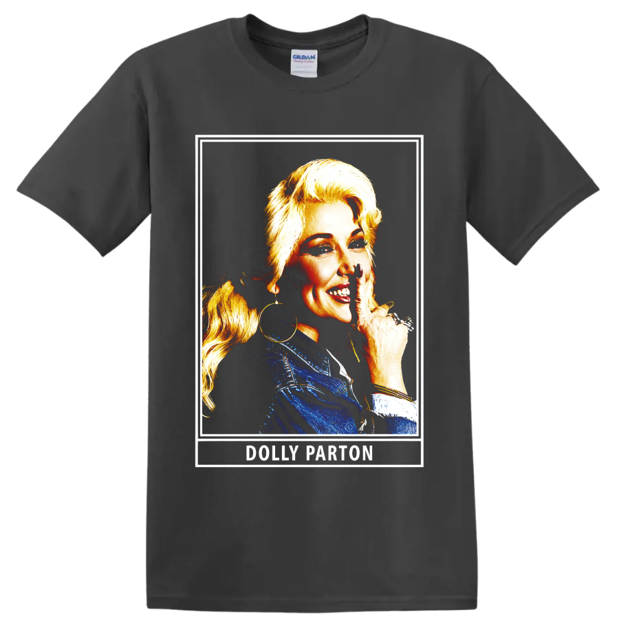 Dolly Parton portrait in blue outfit with gold highlights and framed retro artwork on a Charcoal T Shirt