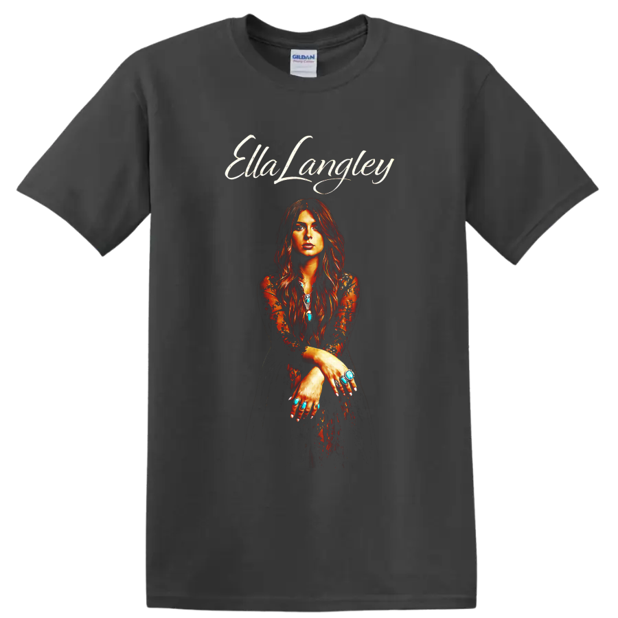 Ella Langley portrait in fiery western style with white script and turquoise jewelry on a Charcoal T Shirt