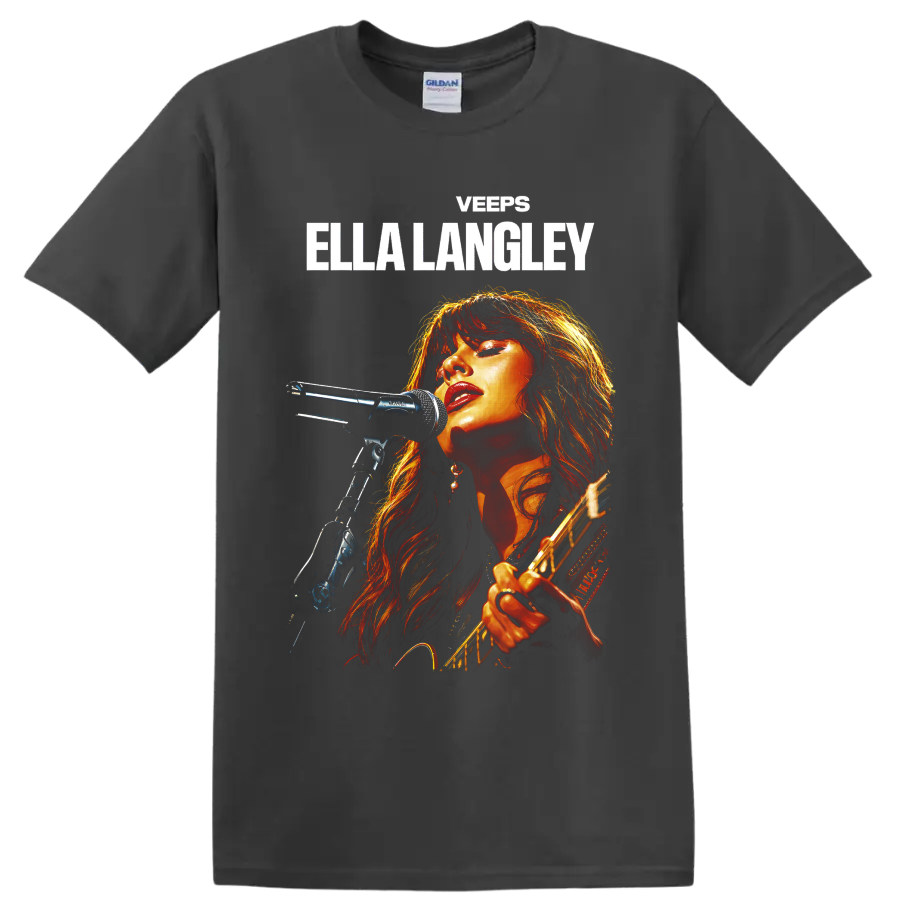 Ella Langley live country singer portrait with microphone, guitar, and bold name text on a Charcoal T Shirt