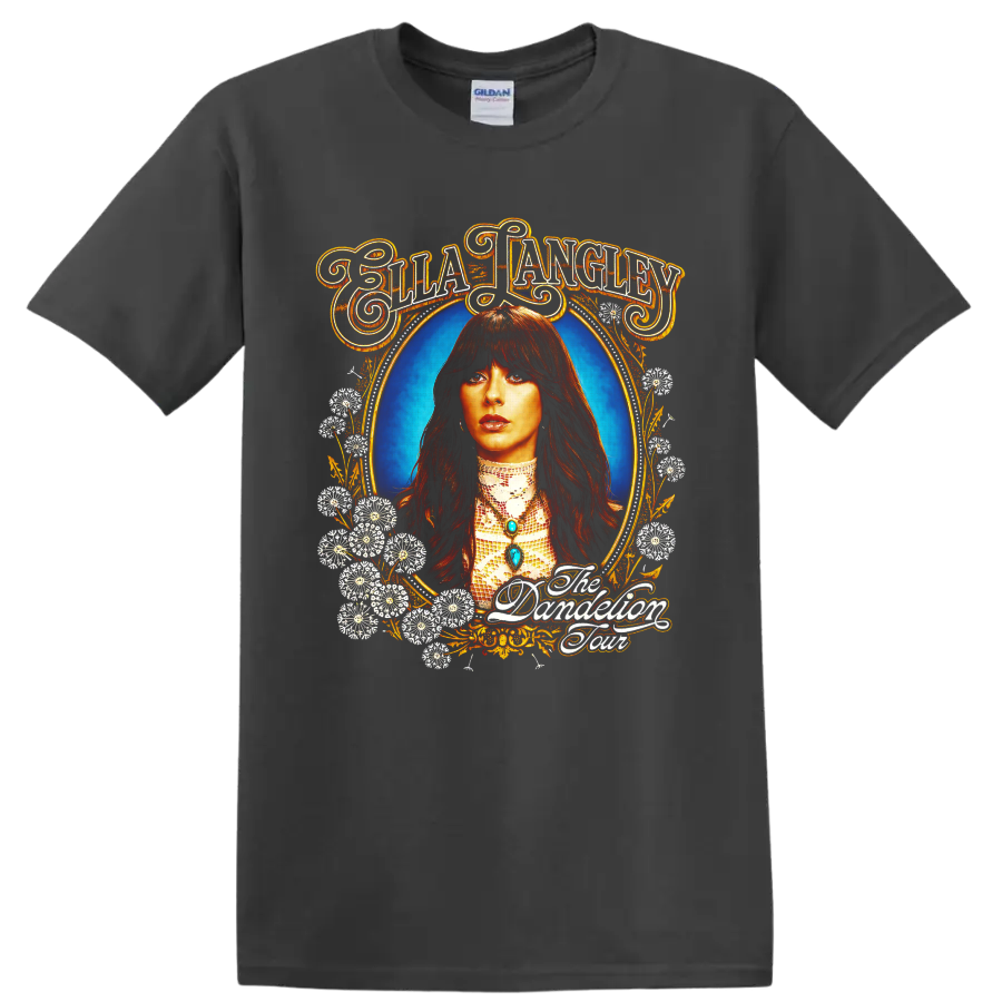 Ella Langley portrait with floral Western frame and The Damnation Tour lettering on a Charcoal T Shirt
